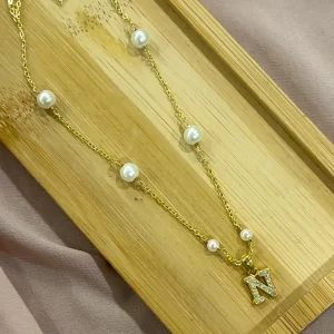 Golden Initial Pearl Necklace